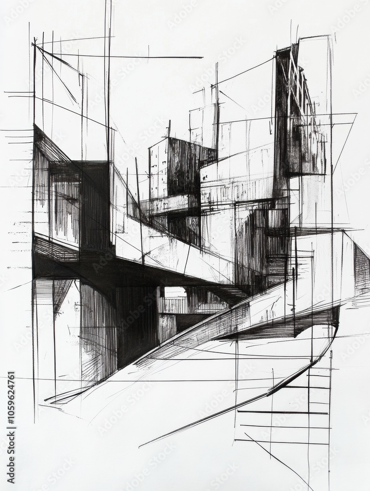 Poster the artwork showcases a stylized urban environment, featuring angular buildings and pathways intertw