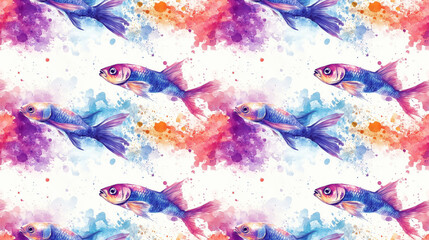 Fototapeta premium Seamless vintage watercolor pattern featuring blue and purple fish perch amidst vibrant underwater splashes suitable for textile design wallpaper and artistic projects