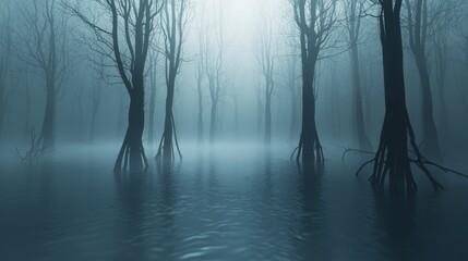 Fototapeta premium Eerie Marshland with Metallic Trees and Luminescent Spores in 3D Render - Ultra-Detailed Illustration of Creepy Swamp Landscape