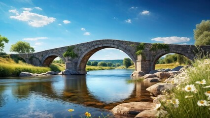 Fototapeta premium A scenic stone bridge arches over a tranquil river, surrounded by lush greenery and flowers.