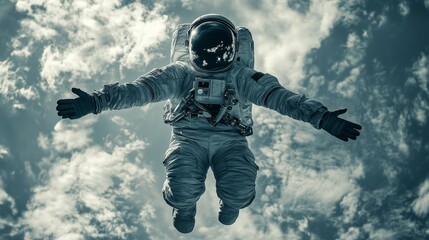 An astronaut in a spacesuit is floating against a backdrop of clouds and blue sky, arms outstretched
