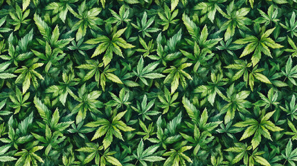 Fototapeta premium Seamless watercolor pattern of vibrant green cannabis leaves designed for botanical themed decor frame or wrapping applications