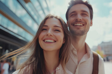 A joyful young couple smiling brightly as they enjoy the sunny outdoor weather, highlighting their bond and carefree lifestyle during a blissful summer day in the city.