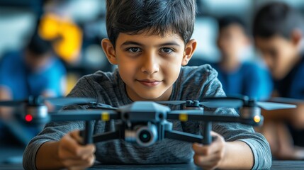 A young boy focuses intently on a drone controller while learning drone technology in a STEM class