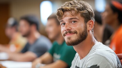 Fototapeta premium A young man with a beard sits in a classroom, smiling warmly. The background suggests a casual and interactive environment, fostering learning and camaraderie.
