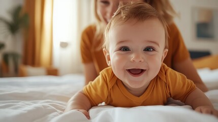 Fototapeta premium Bright-eyed baby beams a smile from a bed in a sunlit room, wearing a yellow shirt. The scene represents joy, warmth, and familial love in a modern home.