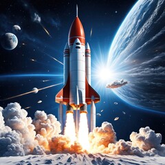 Fototapeta premium A rocket launching into space against a backdrop of planets and stars.