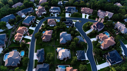 Aerial view of a suburban neighborhood with curved streets, individual houses, green lawns, and several swimming pools surrounded by trees and vegetation.