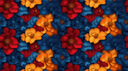 Seamless pattern of an abstract embossed blooming flower motif in vibrant red blue and yellow tones all over textile design