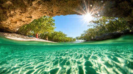 Obraz premium A tranquil scene with sunlight streaming through a cave opening, revealing crystal-clear turquoise waters and lush greenery on a sunny day.