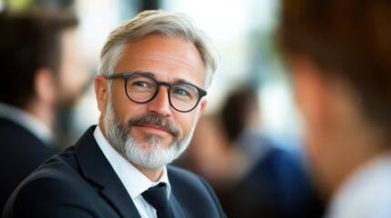 Fototapeta premium A middle-aged man with gray hair and glasses sits in a cafe, thoughtfully gazing during a conversation, symbolizing wisdom and insight in a modern setting.