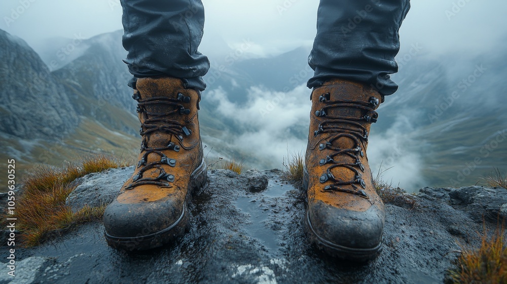Poster a hiker wears sturdy, weathered boots while standing on rocky ground. mist envelops the distant moun
