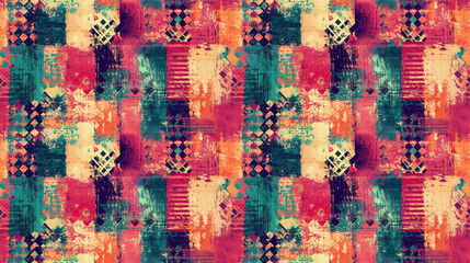 Fototapeta premium Colorful seamless pattern featuring grunge ethnic textures with abstract hand painted elements ideal for graphic design backgrounds textile prints and posters