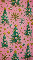 Festive Christmas pattern with smiley faces, stars, and snowflakes on a pink background