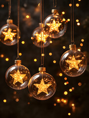 Hanging star-shaped ornaments inside glass balls with glowing lights, complemented by pine branches and a festive bokeh background. A cozy and stylish holiday decoration