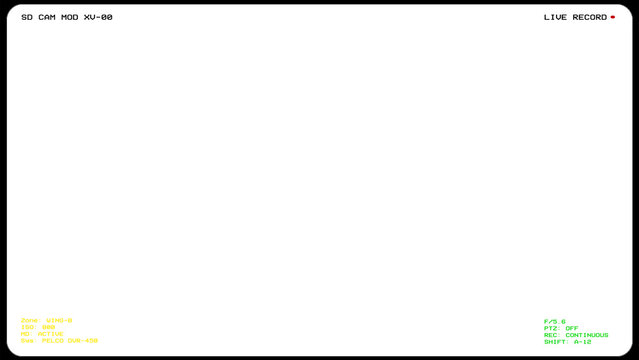 Overlay: isolated security camera digital interface, displaying technical data: text readouts, camera settings, monitoring information. Classic surveillance aesthetic with rounded corners.
