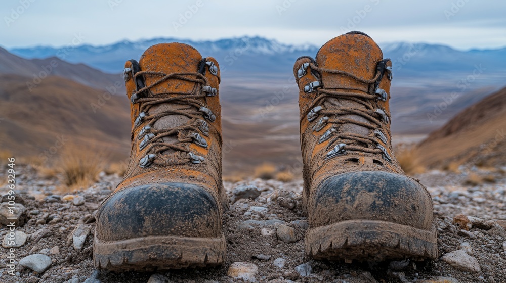 Poster two pairs of worn, muddy hiking boots are placed on rugged ground, showcasing their durable design a