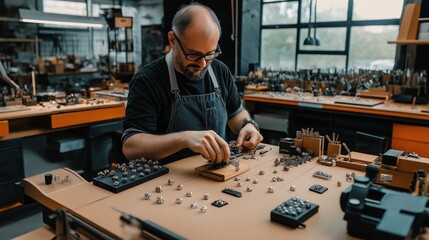 Man crafting jewelry in a workshop with various tools and rings on a wooden workbench. - Powered by Adobe