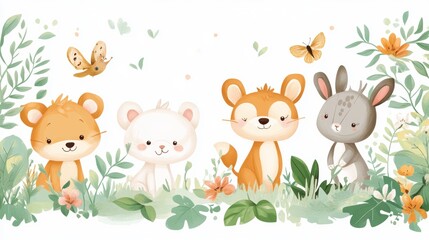 Naklejka premium A colorful illustration of four cartoon-style animals, including a bear, a rabbit, a fox, and a small white creature, surrounded by plants and flowers