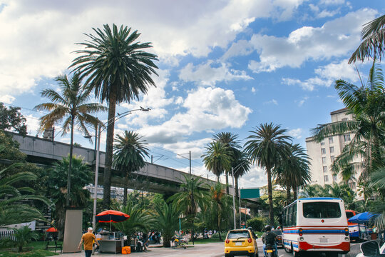 Medellin downtown with Elevated Metro and Traffic