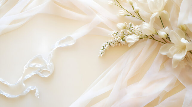 fondo con una tela en movimiento tela de seda con ramos de flores elegantes y encaje femenino fondo para boda o novia decoraciones elegantes