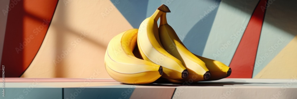Poster yellow bananas are arranged neatly on a vibrant geometric backdrop, showcasing their natural beauty 