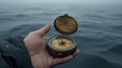 Fototapeta premium A person holds an antique compass above a calm, misty ocean, emphasizing navigation and exploration