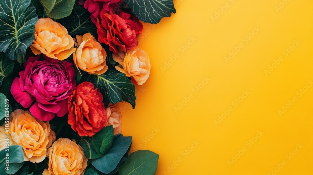Poster Colorful flowering cabbage and squash plants display unique textures and vibrant hues, creating a lively arrangement on a yellow background. Generative AI
