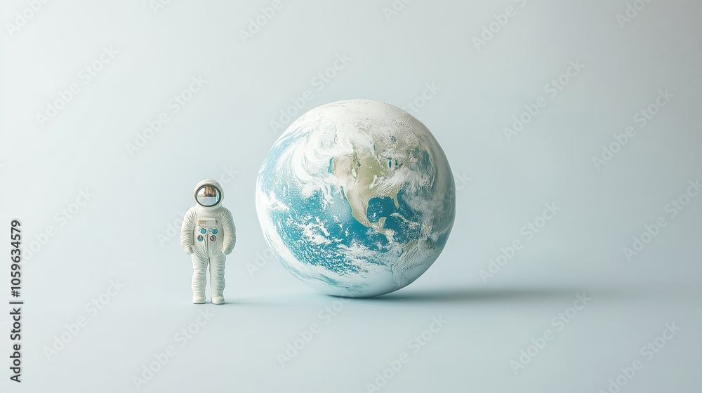 Canvas Prints a minimalistic view of earth from space with a small astronaut figurine standing beside a stylized g