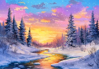 The idyllic landscape with winter trees, frozen rivers and reflections in the water. Colorful winter forest by the river at sunset.