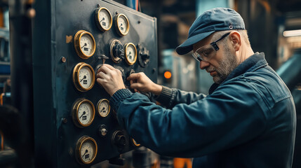 Engineer in protective eyewear and hat adjusting controls on industrial panel with pressure gauges in a factory setting, focusing on technical equipment maintenance.