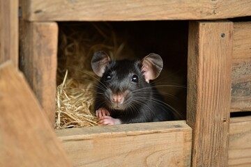 Obraz premium Young black rat hiding in a corner of a garden shed with wooden crates, looking cautiously for food with a curious expression 1