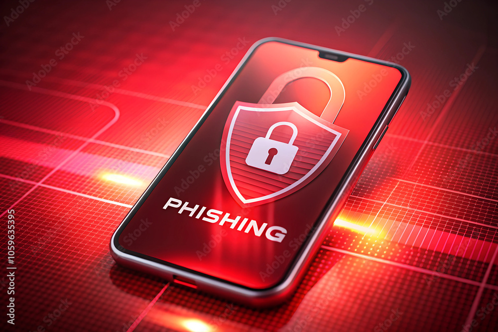 Fototapete A stylized vector graphic of a shield featuring a lock symbol on it, with a backdrop of a blurred phishing message on a smartphone. The shield is in vibrant red and the phone screen is brightly lit.