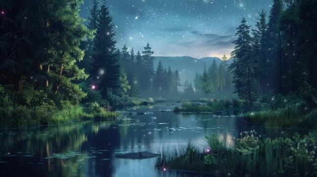 Serene lake in fantasy landscape with tall pine trees and enchanting mystical atmosphere
Seamless looping 4k time-lapse virtual video animation Generated AI