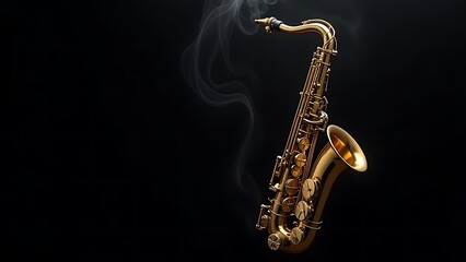 Fototapeta premium Golden shiny alto saxophone on black background with smoke. copy space
