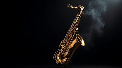 Golden shiny alto saxophone on black background with smoke. copy space