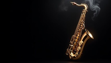 Golden shiny alto saxophone on black background with smoke. copy space