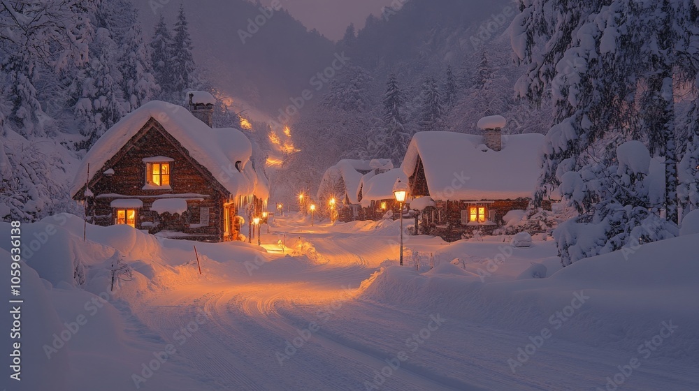 Poster a peaceful winter village nestled in deep snow, where rustic cottages glow warmly against a snowy ba