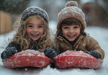 Joyful children sledding down a snowy hill with laughter and fun