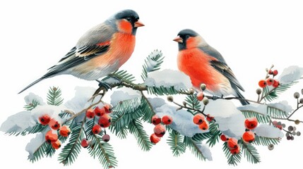 Fototapeta premium Two bullfinches sitting on an evergreen branch