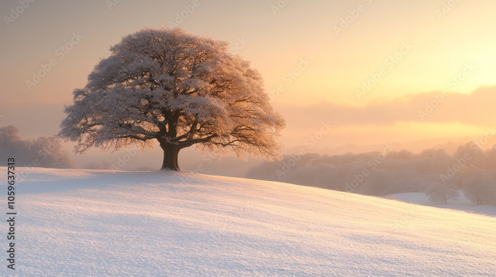 Poster a majestic tree is blanketed with fresh snow, standing alone on a gentle hill. the warm glow of sunr