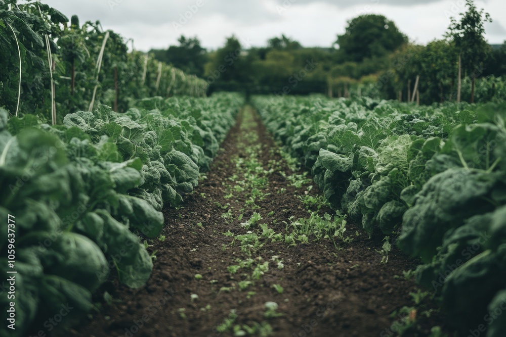 Aufkleber rows of vibrant leafy greens stretch out in a vegetable garden, thriving in rich soil under a cloudy