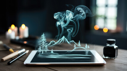 A mesmerizing digital landscape featuring swirling smoke visuals on a tablet, creating a serene...