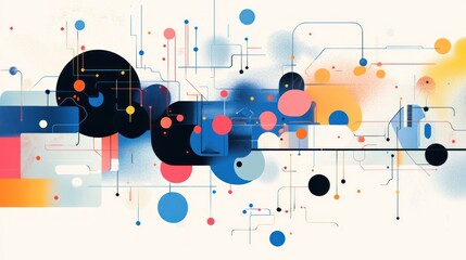 Obraz premium Abstract illustration with colorful geometric shapes, lines, and dots connected together on a white background.