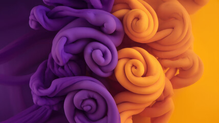 A vibrant swirl of purple and orange, showcasing intricate patterns of intertwined shapes. The...