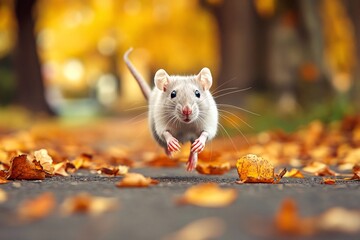 A rat darting across a park path with autumn leaves scattered around, showcasing its agility and quickness in a vibrant seasonal setting 4