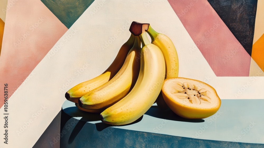 Leinwandbilder a bunch of ripe bananas sits attractively on a table against a background of colorful abstract geome