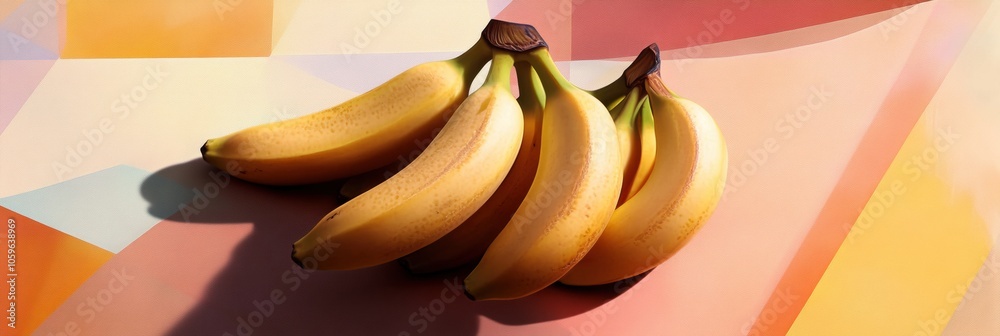 Poster ripe bananas are displayed on an eye-catching background of various geometric shapes in bright color