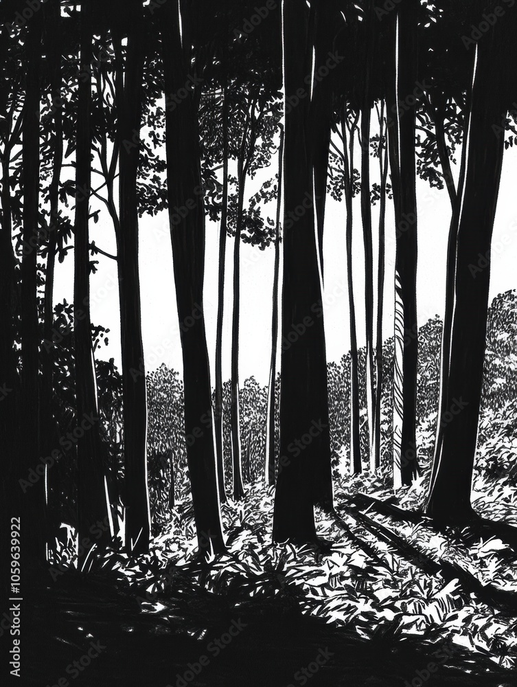 Poster The dense forest features detailed trees casting shadows, creating an enchanting atmosphere under bright daylight. Generative AI
