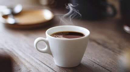 Obraz premium A steaming cup of coffee rests on a rustic wooden table, inviting warmth and comfort, with soft steam curling upwards against a serene backdrop.
